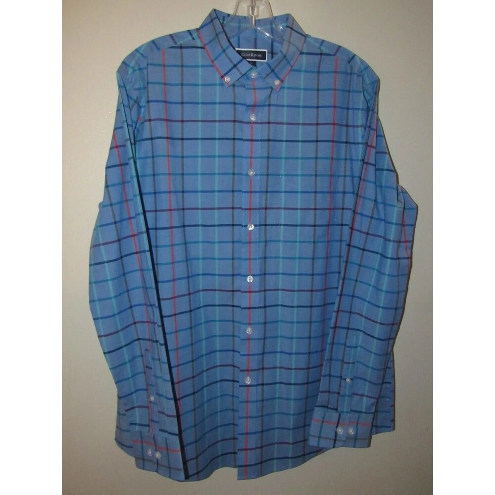 Club Room Men's Medium Button Down Shirt Blue Plaid Long Sleeve Stretch Colorful